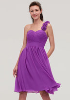 Knee-Length Chiffon Bridesmaid Dress, A-Line/Princess Style, One-Shoulder, Sleeveless, With Pleats And Flowers BM bride