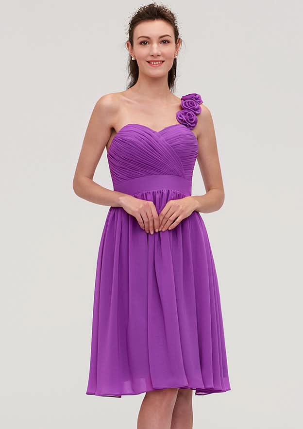 Knee-Length Chiffon Bridesmaid Dress, A-Line/Princess Style, One-Shoulder, Sleeveless, With Pleats And Flowers BM bride