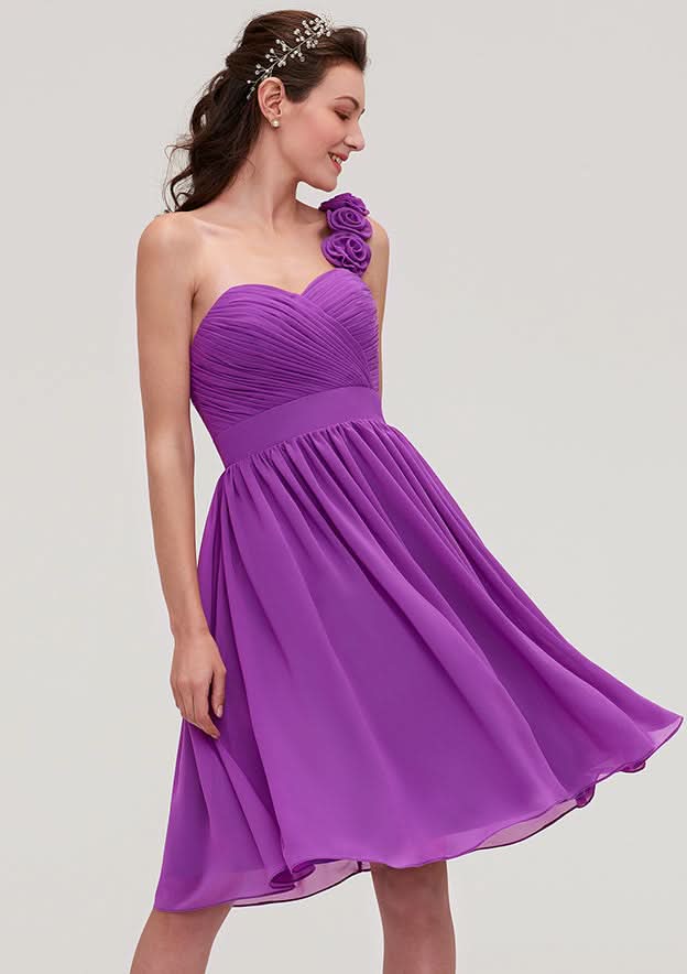 Knee-Length Chiffon Bridesmaid Dress, A-Line/Princess Style, One-Shoulder, Sleeveless, With Pleats And Flowers BM bride