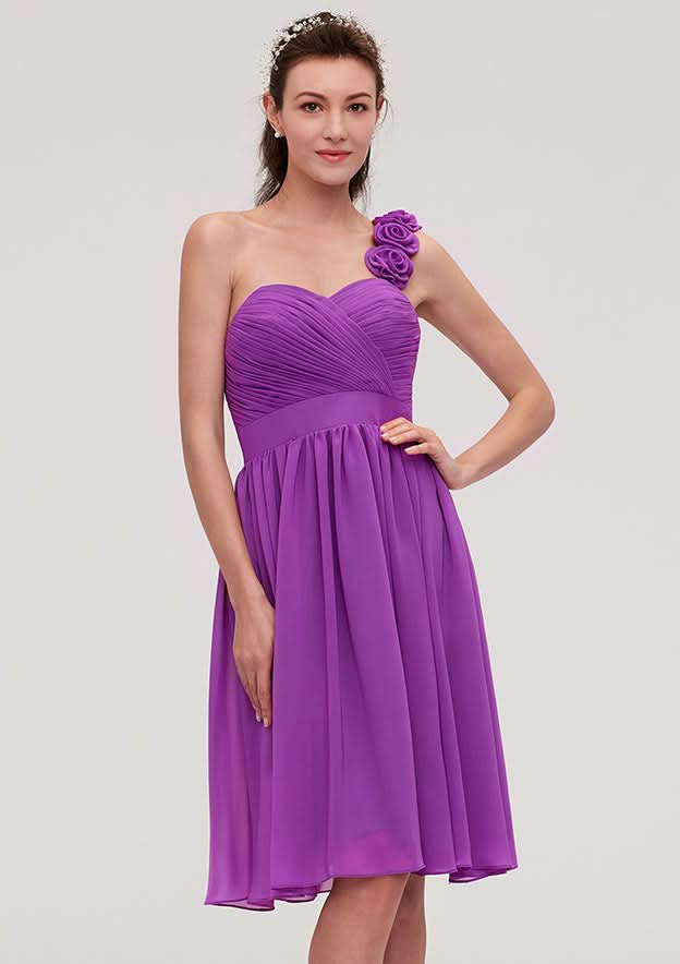 Knee-Length Chiffon Bridesmaid Dress, A-Line/Princess Style, One-Shoulder, Sleeveless, With Pleats And Flowers BM bride