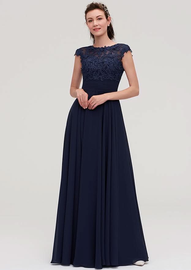 Floor-Length Chiffon Bridesmaid Dress, A-Line/Princess Cut, Bateau Neck, Sleeveless, With Applique BM bride