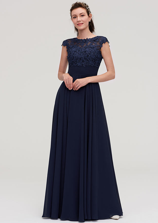 Floor-Length Chiffon Bridesmaid Dress, A-Line/Princess Cut, Bateau Neck, Sleeveless, With Applique BM bride