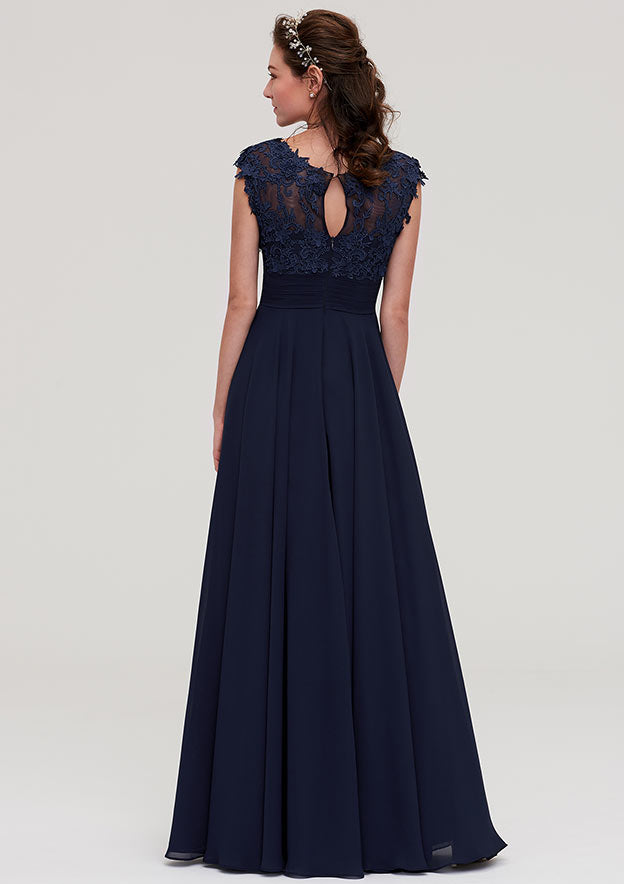 Floor-Length Chiffon Bridesmaid Dress, A-Line/Princess Cut, Bateau Neck, Sleeveless, With Applique BM bride