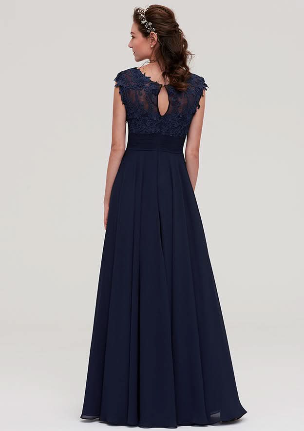 Floor-Length Chiffon Bridesmaid Dress, A-Line/Princess Cut, Bateau Neck, Sleeveless, With Applique BM bride