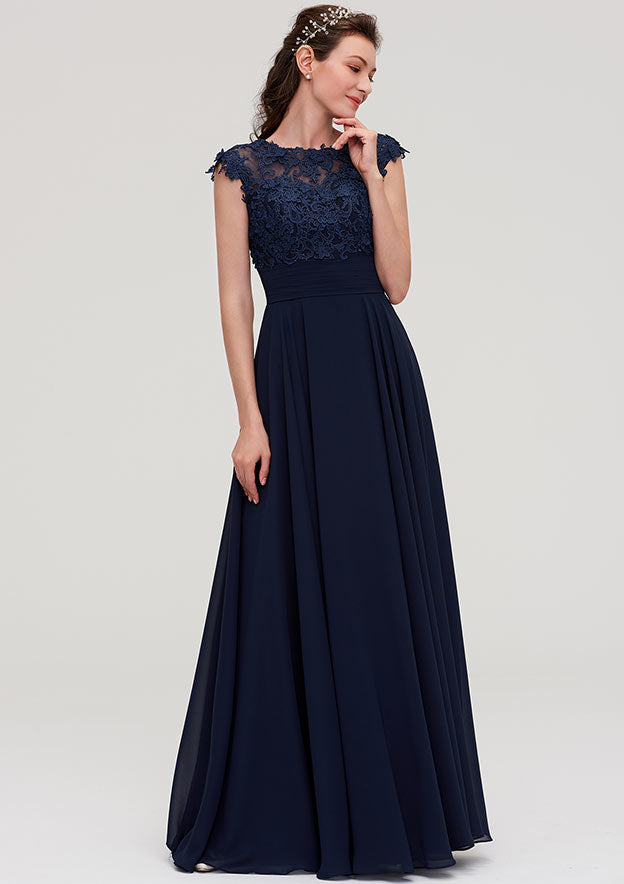 Floor-Length Chiffon Bridesmaid Dress, A-Line/Princess Cut, Bateau Neck, Sleeveless, With Applique BM bride