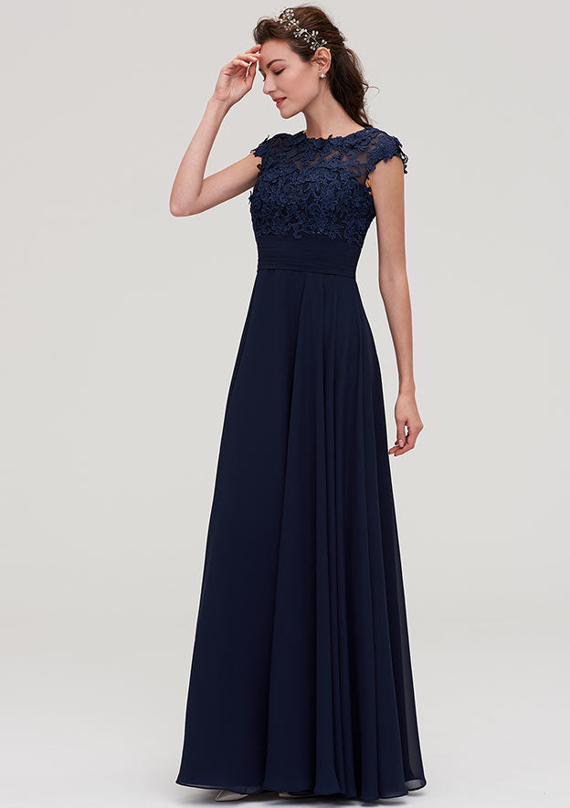 Floor-Length Chiffon Bridesmaid Dress, A-Line/Princess Cut, Bateau Neck, Sleeveless, With Applique BM bride