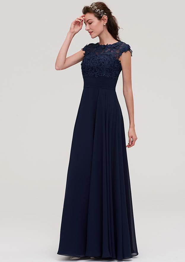 Floor-Length Chiffon Bridesmaid Dress, A-Line/Princess Cut, Bateau Neck, Sleeveless, With Applique BM bride