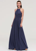Floor-Length Chiffon Bridesmaid Dress, A-Line/Princess Shape, Scoop Neck, Sleeveless, With Pleats And Applique BM bride