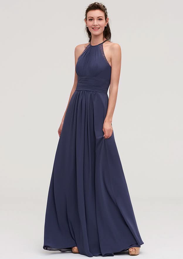 Floor-Length Chiffon Bridesmaid Dress, A-Line/Princess Shape, Scoop Neck, Sleeveless, With Pleats And Applique BM bride