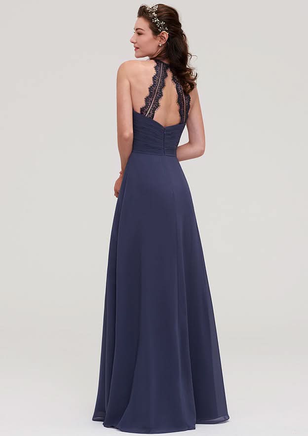 Floor-Length Chiffon Bridesmaid Dress, A-Line/Princess Shape, Scoop Neck, Sleeveless, With Pleats And Applique BM bride
