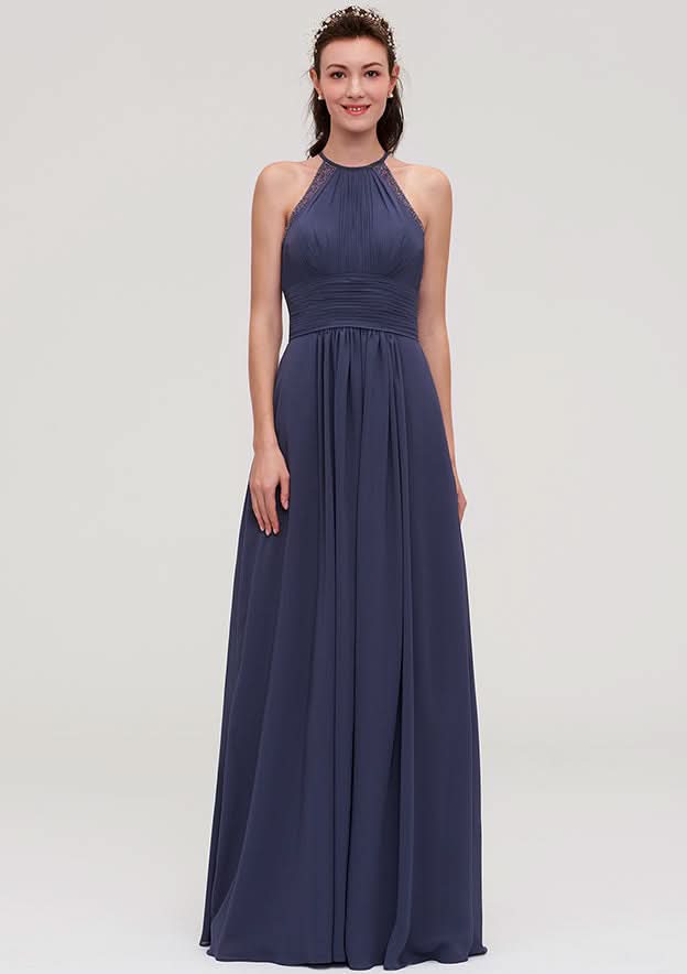 Floor-Length Chiffon Bridesmaid Dress, A-Line/Princess Shape, Scoop Neck, Sleeveless, With Pleats And Applique BM bride