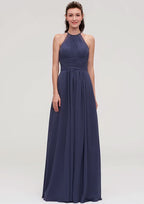 Floor-Length Chiffon Bridesmaid Dress, A-Line/Princess Shape, Scoop Neck, Sleeveless, With Pleats And Applique BM bride