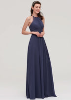 Floor-Length Chiffon Bridesmaid Dress, A-Line/Princess Shape, Scoop Neck, Sleeveless, With Pleats And Applique BM bride