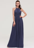 Floor-Length Chiffon Bridesmaid Dress, A-Line/Princess Shape, Scoop Neck, Sleeveless, With Pleats And Applique BM bride