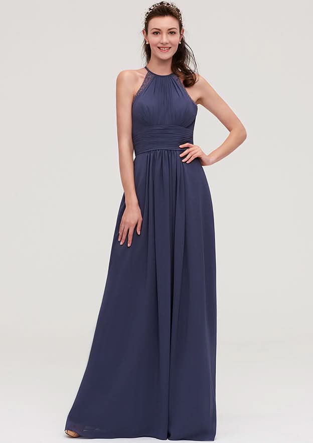 Floor-Length Chiffon Bridesmaid Dress, A-Line/Princess Shape, Scoop Neck, Sleeveless, With Pleats And Applique BM bride