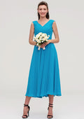 Tea-Length Chiffon Bridesmaid Dress, A-Line/Princess Style, V-Neck, Sleeveless, With Pleats BM bride