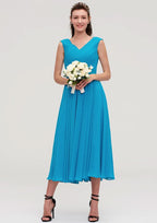Tea-Length Chiffon Bridesmaid Dress, A-Line/Princess Style, V-Neck, Sleeveless, With Pleats BM bride