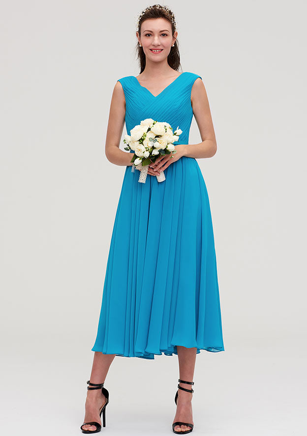 Tea-Length Chiffon Bridesmaid Dress, A-Line/Princess Style, V-Neck, Sleeveless, With Pleats BM bride
