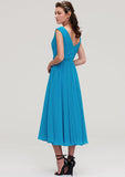 Tea-Length Chiffon Bridesmaid Dress, A-Line/Princess Style, V-Neck, Sleeveless, With Pleats BM bride