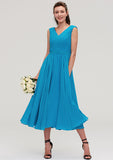Tea-Length Chiffon Bridesmaid Dress, A-Line/Princess Style, V-Neck, Sleeveless, With Pleats BM bride