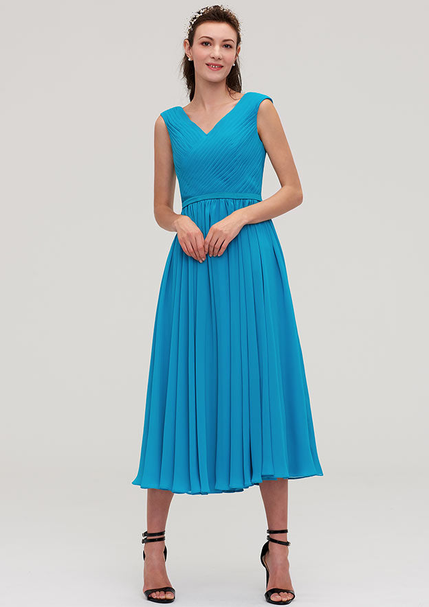 Tea-Length Chiffon Bridesmaid Dress, A-Line/Princess Style, V-Neck, Sleeveless, With Pleats BM bride