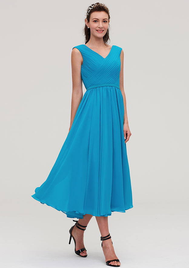 Tea-Length Chiffon Bridesmaid Dress, A-Line/Princess Style, V-Neck, Sleeveless, With Pleats BM bride