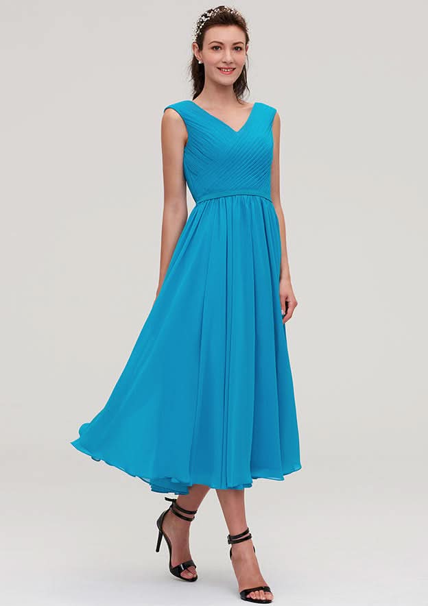 Tea-Length Chiffon Bridesmaid Dress, A-Line/Princess Style, V-Neck, Sleeveless, With Pleats BM bride