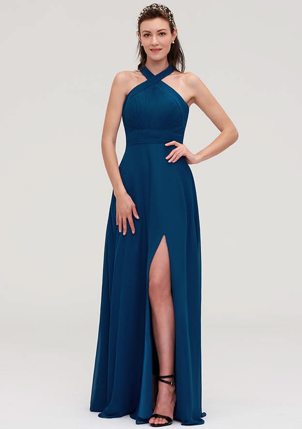 Floor-Length Chiffon Bridesmaid Dress, A-Line/Princess Shape, Scalloped Neck, Sleeveless, With Split And Pleats BM bride