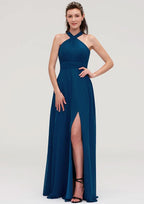 Floor-Length Chiffon Bridesmaid Dress, A-Line/Princess Shape, Scalloped Neck, Sleeveless, With Split And Pleats BM bride