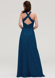 Floor-Length Chiffon Bridesmaid Dress, A-Line/Princess Shape, Scalloped Neck, Sleeveless, With Split And Pleats BM bride