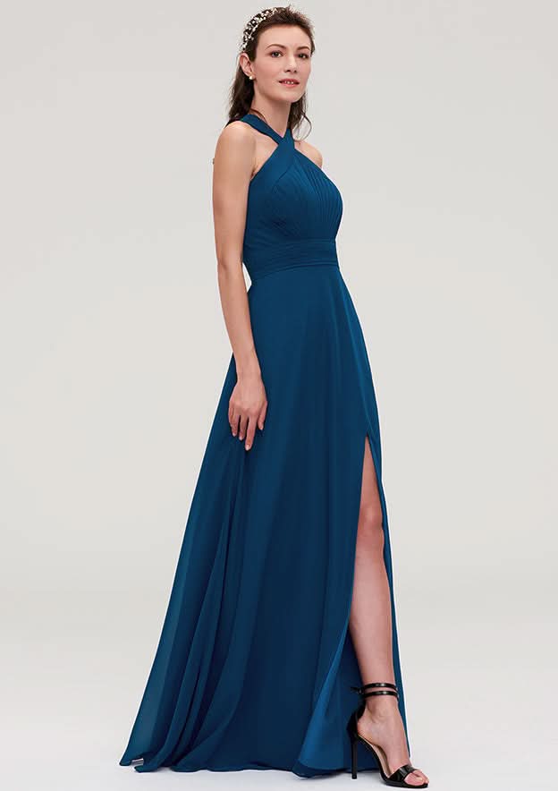 Floor-Length Chiffon Bridesmaid Dress, A-Line/Princess Shape, Scalloped Neck, Sleeveless, With Split And Pleats BM bride