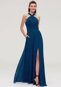 Floor-Length Chiffon Bridesmaid Dress, A-Line/Princess Shape, Scalloped Neck, Sleeveless, With Split And Pleats BM bride