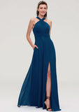 Floor-Length Chiffon Bridesmaid Dress, A-Line/Princess Shape, Scalloped Neck, Sleeveless, With Split And Pleats BM bride