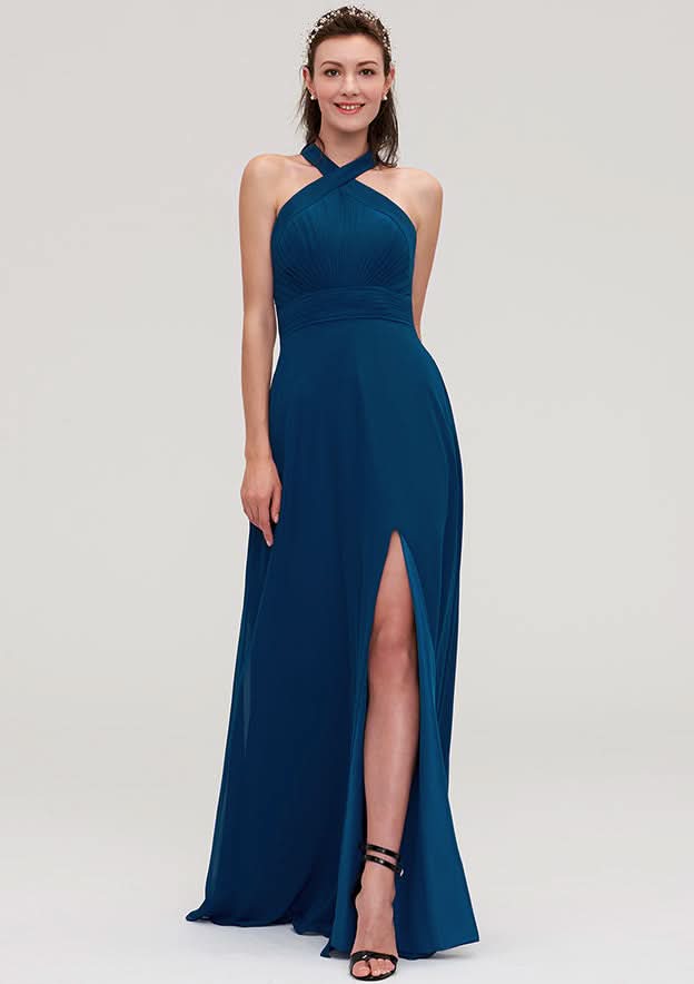 Floor-Length Chiffon Bridesmaid Dress, A-Line/Princess Shape, Scalloped Neck, Sleeveless, With Split And Pleats BM bride