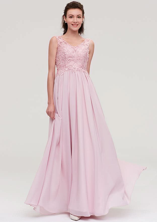 Floor-Length Chiffon Bridesmaid Dress, A-Line/Princess Cut, V-Neck, Sleeveless, With Beading And Applique BM bride