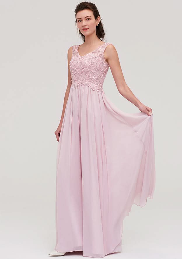 Floor-Length Chiffon Bridesmaid Dress, A-Line/Princess Cut, V-Neck, Sleeveless, With Beading And Applique BM bride