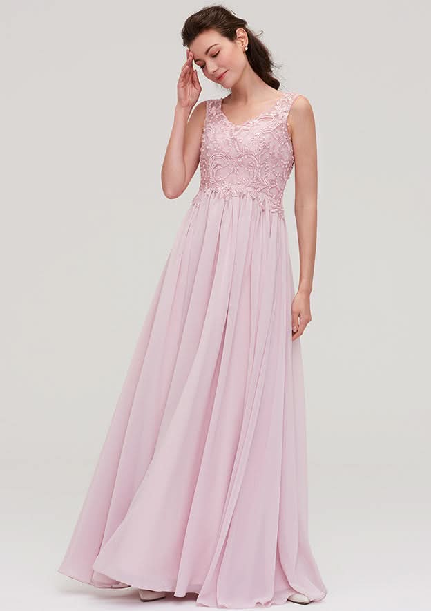 Floor-Length Chiffon Bridesmaid Dress, A-Line/Princess Cut, V-Neck, Sleeveless, With Beading And Applique BM bride