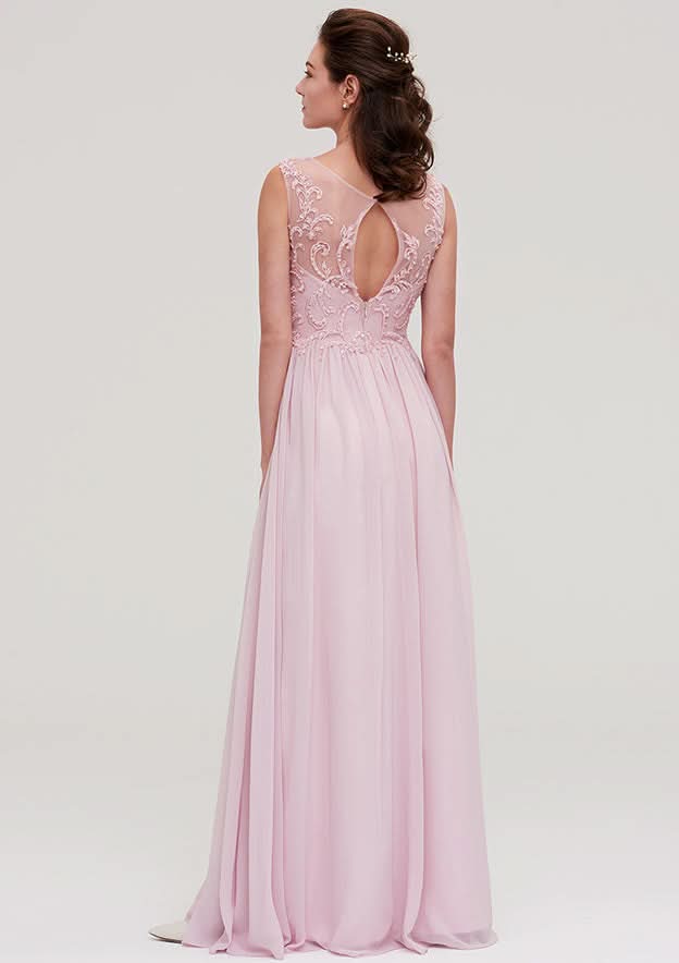 Floor-Length Chiffon Bridesmaid Dress, A-Line/Princess Cut, V-Neck, Sleeveless, With Beading And Applique BM bride
