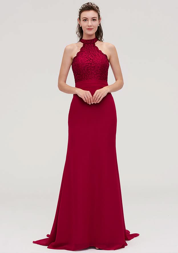 Court Train Chiffon Bridesmaid Dress, Trumpet/Mermaid Shape, Scoop Neck, Sleeveless, With Lace BM bride