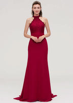 Court Train Chiffon Bridesmaid Dress, Trumpet/Mermaid Shape, Scoop Neck, Sleeveless, With Lace BM bride