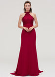 Court Train Chiffon Bridesmaid Dress, Trumpet/Mermaid Shape, Scoop Neck, Sleeveless, With Lace BM bride