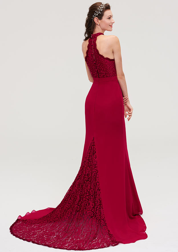 Court Train Chiffon Bridesmaid Dress, Trumpet/Mermaid Shape, Scoop Neck, Sleeveless, With Lace BM bride