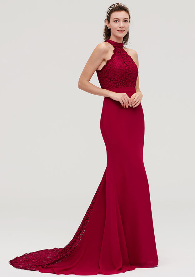 Court Train Chiffon Bridesmaid Dress, Trumpet/Mermaid Shape, Scoop Neck, Sleeveless, With Lace BM bride