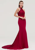 Court Train Chiffon Bridesmaid Dress, Trumpet/Mermaid Shape, Scoop Neck, Sleeveless, With Lace BM bride
