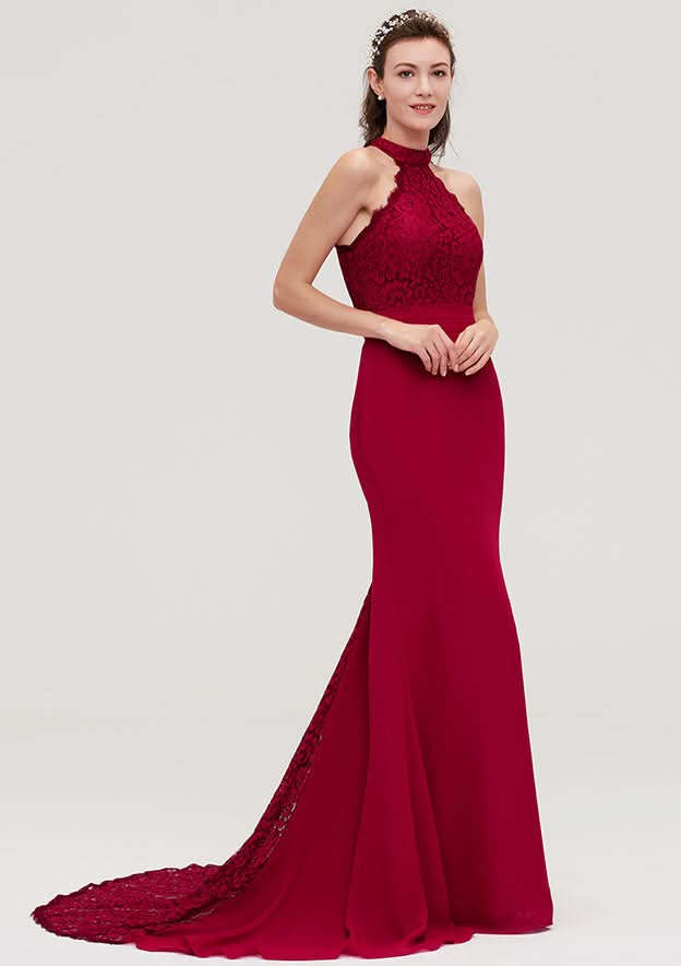 Court Train Chiffon Bridesmaid Dress, Trumpet/Mermaid Shape, Scoop Neck, Sleeveless, With Lace BM bride