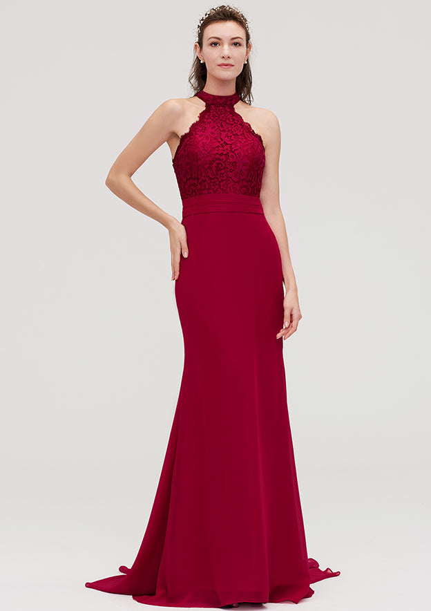 Court Train Chiffon Bridesmaid Dress, Trumpet/Mermaid Shape, Scoop Neck, Sleeveless, With Lace BM bride
