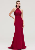 Court Train Chiffon Bridesmaid Dress, Trumpet/Mermaid Shape, Scoop Neck, Sleeveless, With Lace BM bride