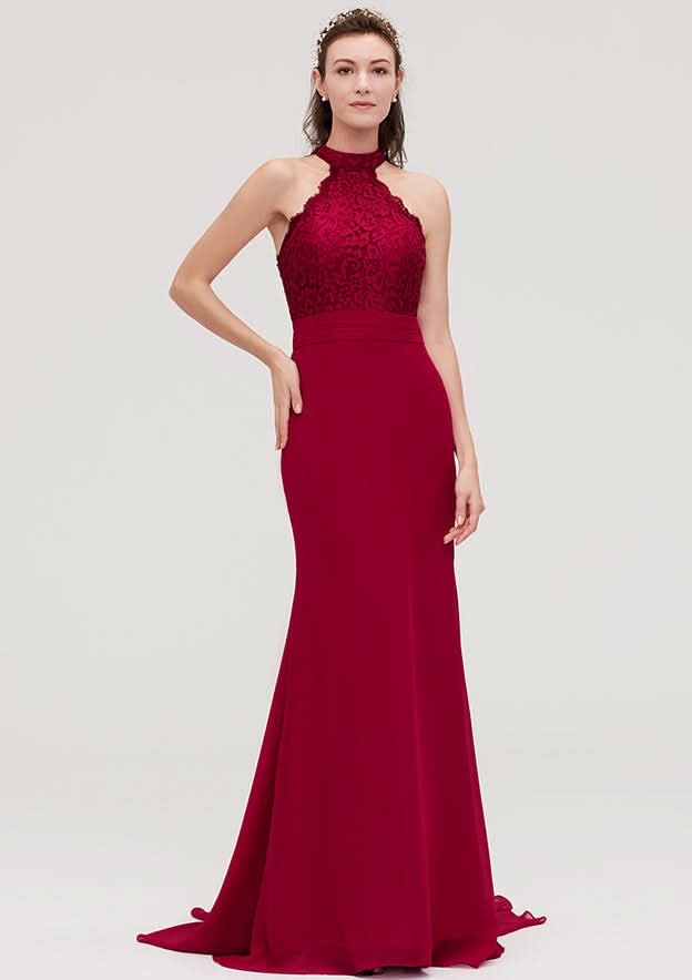 Court Train Chiffon Bridesmaid Dress, Trumpet/Mermaid Shape, Scoop Neck, Sleeveless, With Lace BM bride