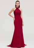 Court Train Chiffon Bridesmaid Dress, Trumpet/Mermaid Shape, Scoop Neck, Sleeveless, With Lace BM bride