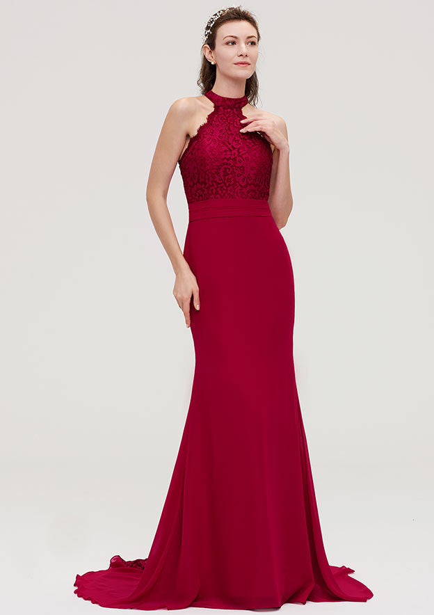 Court Train Chiffon Bridesmaid Dress, Trumpet/Mermaid Shape, Scoop Neck, Sleeveless, With Lace BM bride